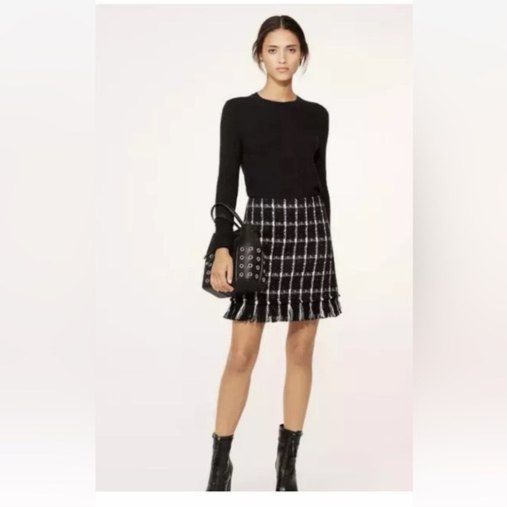 TORY BURCH Marisol Tweed Black & White Mini Skirt w/ Fringe Womens Size 6 EUC